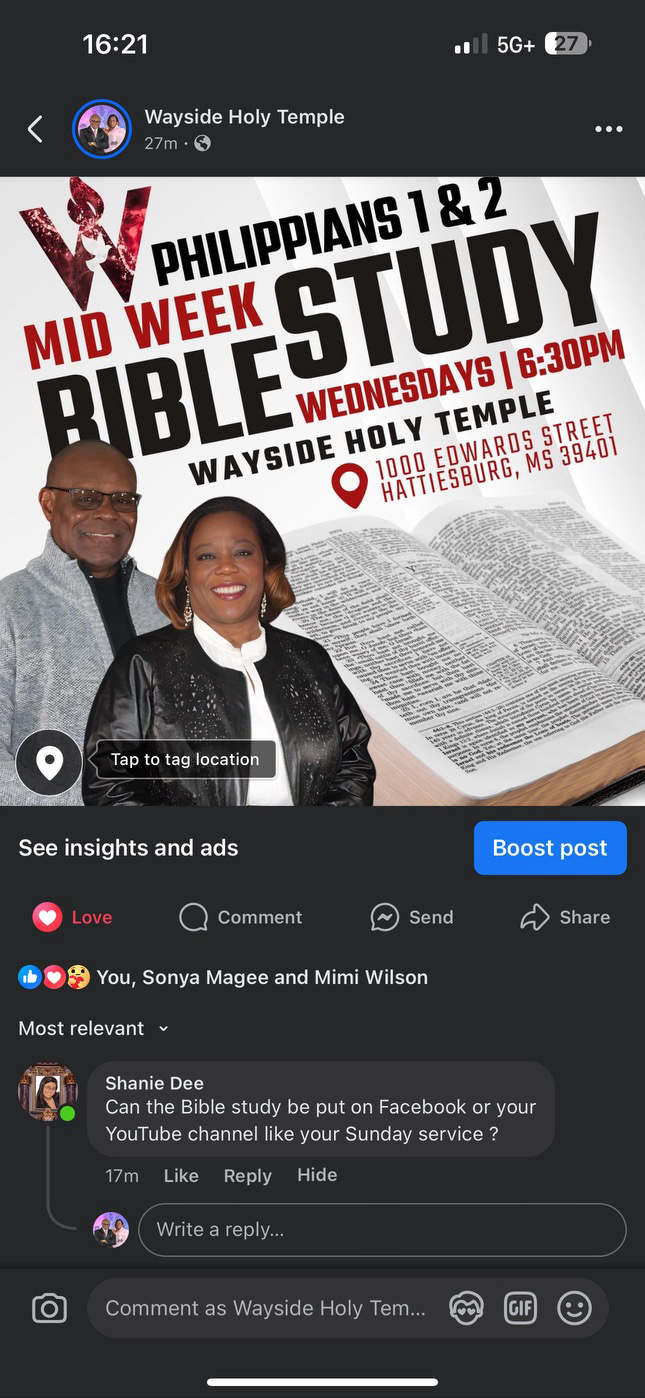 Midweek Bible Study: Wednesdays at 6:30 PM, Wayside Holy Temple Church, 1000 Edwards Street, Hattiesburg